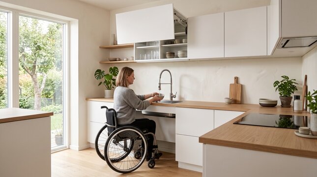 Accessible home closet with pull-down wardrobe clothing rails and open shelving
