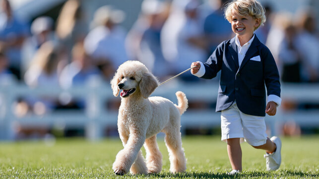 Pedigree standard poodle in a show clip trotting beside its proud and happy young male owner in the show ring, owner in a smart jacket smiling, dynamic gait, bright vibrant blurred