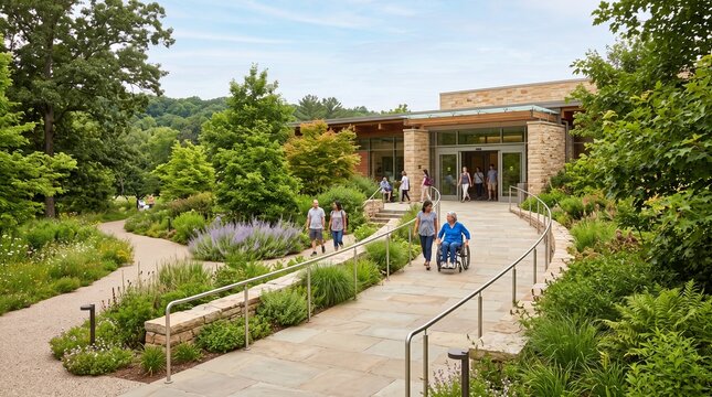 Gentle wooden switchback accessibility boardwalk winding through coastal sand dunes