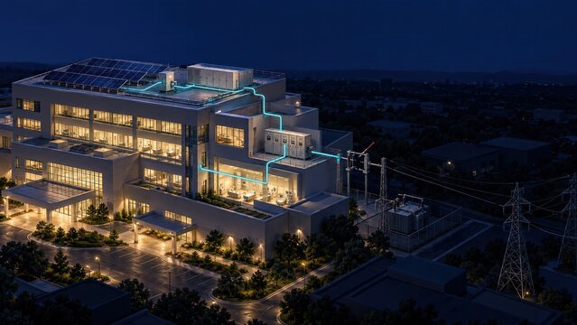 Commercial building microgrid with rooftop solar panels bess battery storage and power grid at night