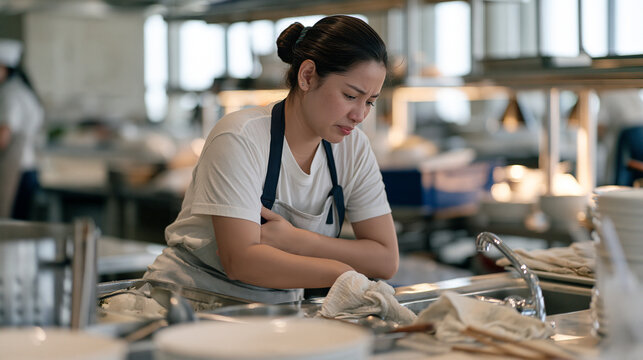 A Filipino domestic worker pausing dish washing at a hotel sink to press her forearm against her ribs with a sudden wince, occupational health, side pain, rib strain, hospitality