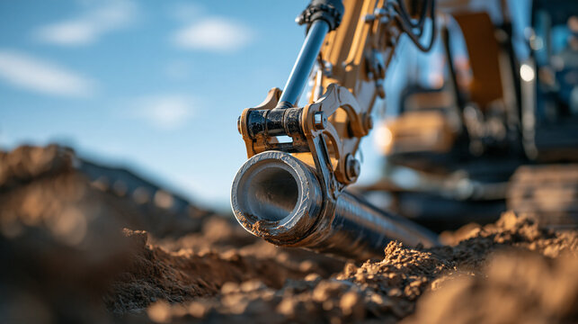 Low-angle shot of a massive yellow excavator arm holding a concrete drainage pipe above an open trench, hydraulic details in sharp focus, vivid blue sky with clouds, rich brown cla