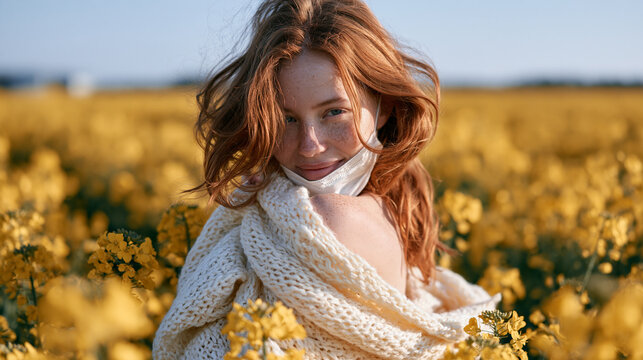 Redhead girl with freckles wearing disposable mask while walking through blooming rapeseed field during peak pollen season, hay fever prevention strategy outdoors, allergy