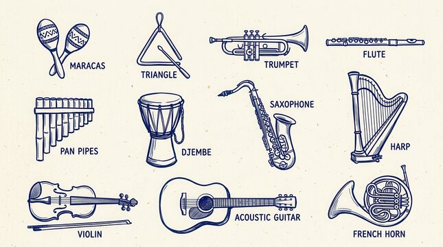 Hand-Drawn Musical Instruments Collection Featuring Guitar, Violin, Saxophone, Trumpet, and More in Blue Ink Style