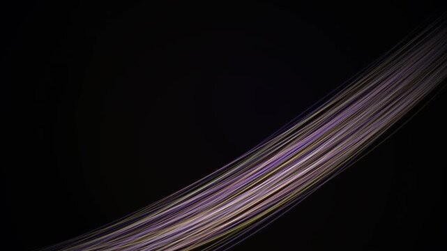 A single continuous artwork filling the entire canvas with a deep black background. Multiple fine golden and violet luminous lines flow upward in different gentle arcs, creating an abstract sense of b