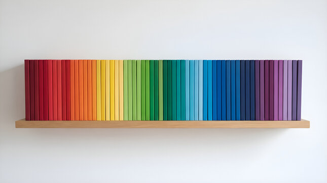 Organized rainbow colored pencils arranged in gradient spectrum on wooden shelf against white wall