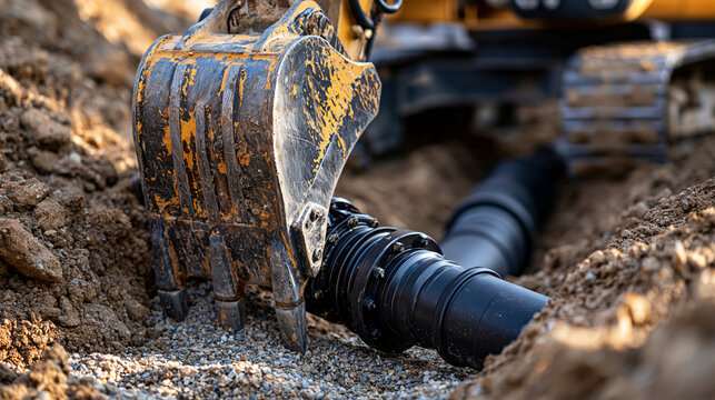 Macro-level detail of an excavator's steel bucket teeth resting near a freshly laid pipe joint in the trench, red clay and gravel texture, metallic highlights, yellow paint chipped