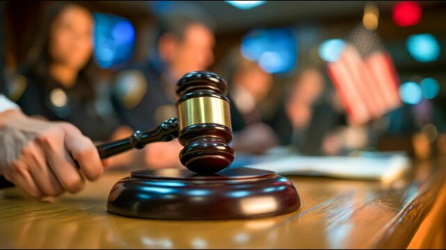 Wooden judge gavel rests on a courtroom desk with legal professionals blurred in the background, symbolizing law, justice, judgment and legal proceedings