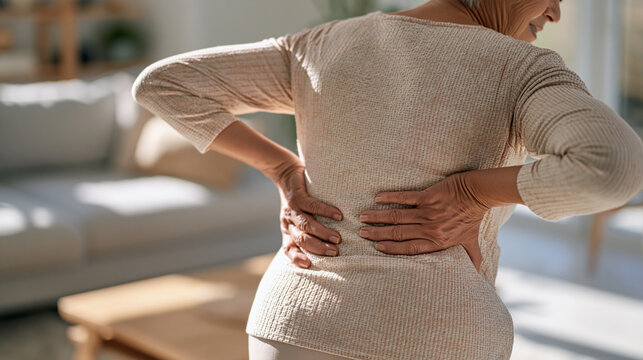 Maori senior woman gently pressing both hands along her lower spine while standing in her living room, chronic back pain symptom, lumbar degeneration, postural strain,