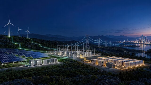 Smart grid infrastructure integrating solar farm wind turbines and bess battery storage with substation at night