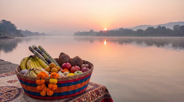 Chhath Puja Soop: Traditional Bamboo Tray with Thekua and Fruits