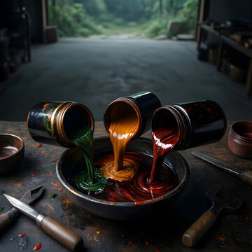 Artisan craftsmanship and traditional lacquerware production, liquid paint pouring into a bowl in a workshop with woodworking tools on a rustic table