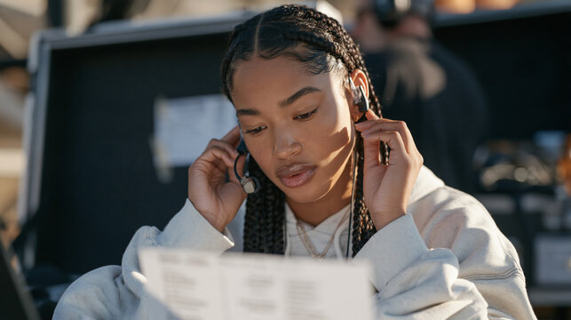 A woman with long braids secures a wireless in-ear monitor into place while reviewing a printed set list taped to a flight case backstage at a touring theater production, stage