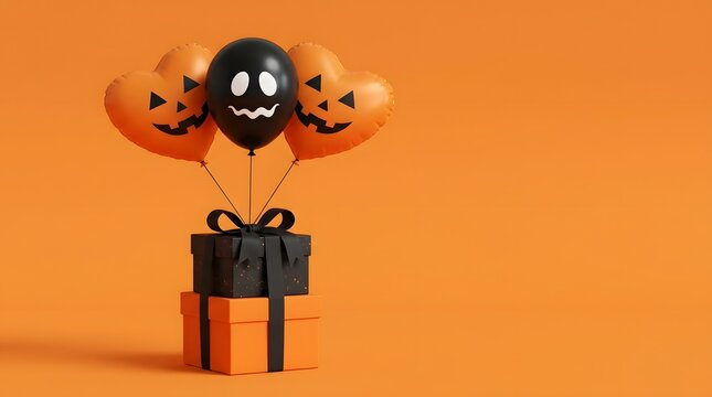 Three pumpkin shaped balloons tied to a gift box a halloween silhouette