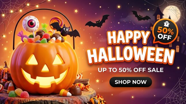 Jack o lantern with candy and bats halloween sale banner silhouette