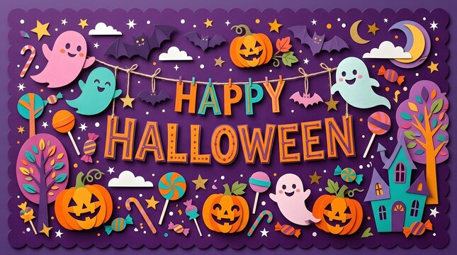 Halloween themed paper cut elements and lettering form a festive silhouette