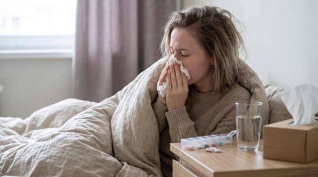 Sick woman resting in bed with flu symptoms, sneezing into tissue, portraying cold, illness, recovery, and healthcare