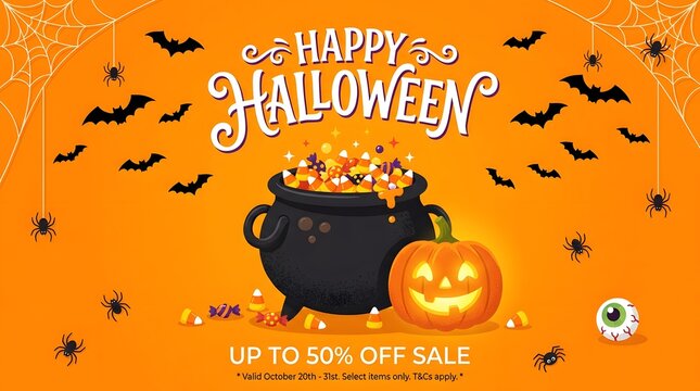 Halloween themed illustration with candy cauldron pumpkins and bat silhouettes