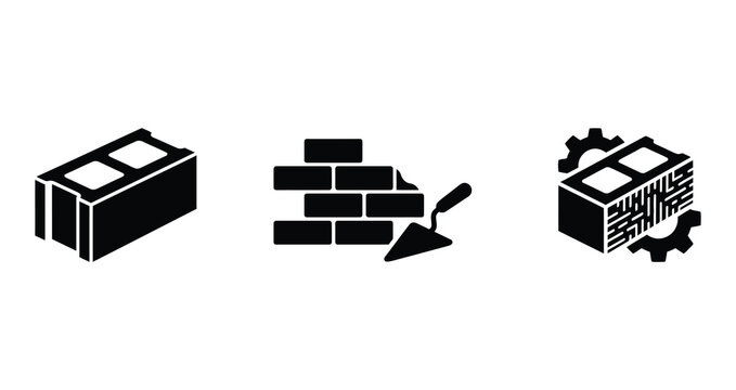 construction icons featuring concrete block brick trowel and gear assembly building materials illustration