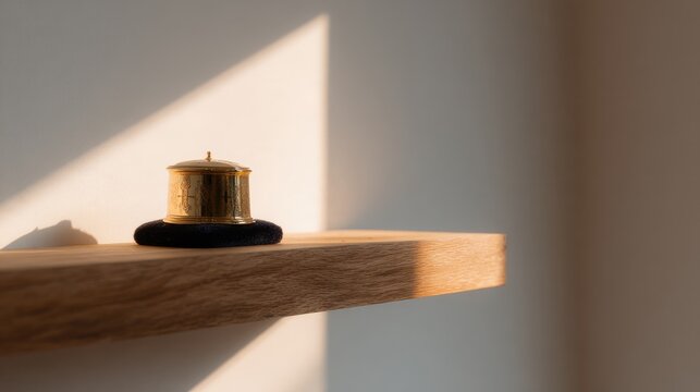 Golden pyx on velvet cushion on wooden shelf, faith and reverence concept