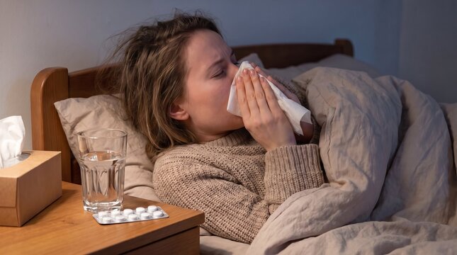 Sick woman resting in bed with flu symptoms, sneezing into tissue, portraying cold, illness, recovery, and healthcare