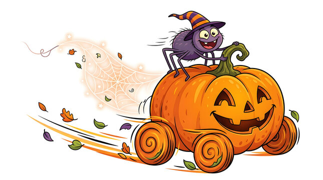 Cute Halloween spider riding a fast jack-o'-lantern pumpkin carriage vector illustration. Happy cartoon arachnid in witch hat driving a pumpkin car with magical glowing web trail isolated on white bac