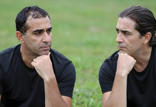 Self reflection and introspection, mature man looking at his own mirror image in a conceptual psychological portrait about mental health and identity