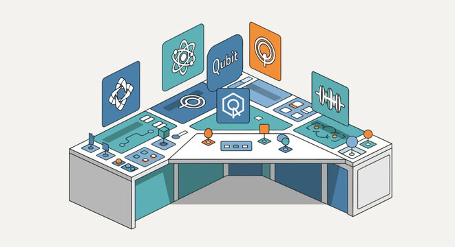Control console workstation displays scientific data screens and floating holographic information panels.