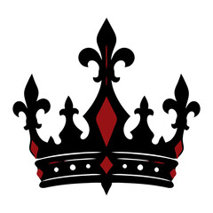 Ornate gothic royal crown with fleur de lis peaks and red gems, black and red vector icon for king queen emblem, heraldry, tattoo and sticker designs. © Marcelino