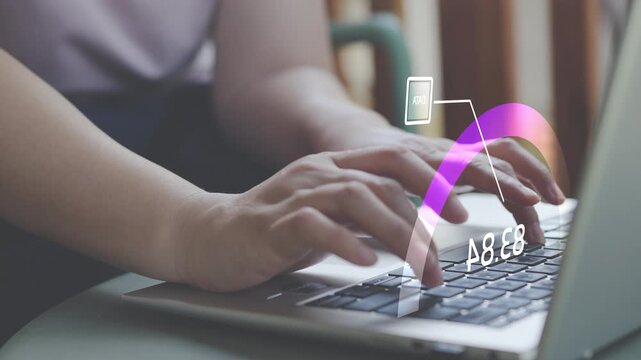 Hands typing on laptop with digital interface and colorful upload arc, cloud computing, data synchronization, cloud storage, file sharing, data migration, online backup and modern network technology.