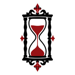 Gothic hourglass with red sand in a fleur de lis crowned frame, black and red vector icon for passing time, mortality, memento mori and print designs. © Marcelino