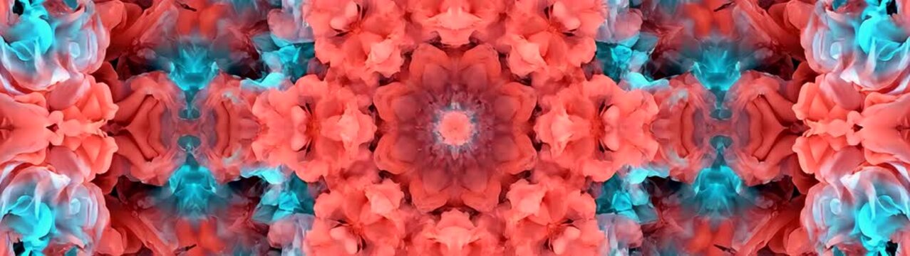 Kaleidoscope creating a beautiful symmetrical pattern Combining floral forms with coral and turquoise hues for a unique visual.