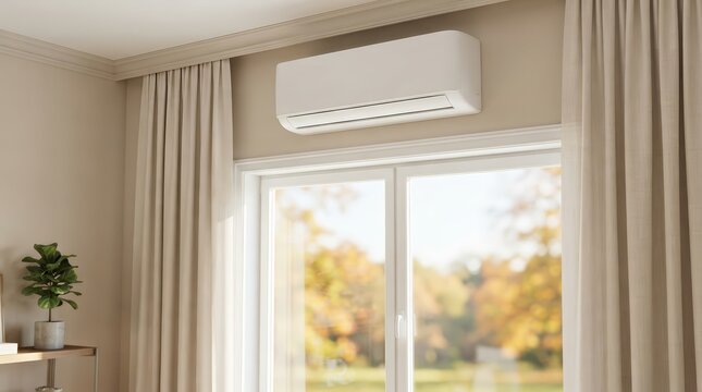 Wall-mounted white air conditioner unit positioned above a window in a bright living space.