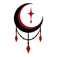 Gothic crescent moon with a red star and hanging gem drop swags, black and red vector icon for celestial charm, lunar witch amulet and sticker designs. © Marcelino