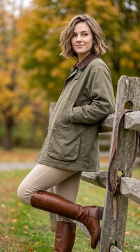 Young woman wearing green barn jacket and riding boots by a rustic wooden fence. Vertical photo of equestrian autumn fashion in countryside