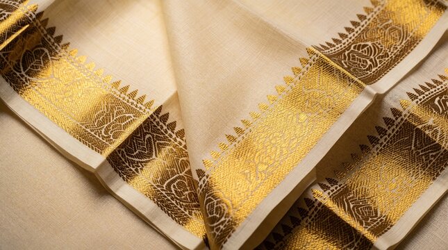 Traditional Kerala Kasavu sari fabric with gold zari border. Cream linen textile shows luxury pattern for festive wedding occasion. Elegant ethnic garment background features intricate metallic