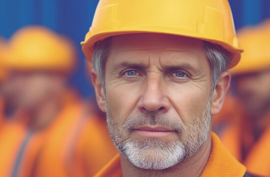 Mature male industrial worker wearing yellow hard hat and safety vest on construction site