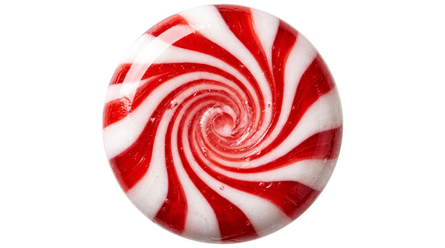 Peppermint hard candy swirl with red and white pinwheel pattern, festive sweet treat for holiday dessert and Christmas food design isolated PNG with Transparent Background