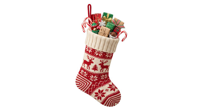 Christmas stocking filled with wrapped gifts and candy canes, knitted holiday sock with reindeer pattern, festive winter decorative ornament isolated PNG with Transparent Background