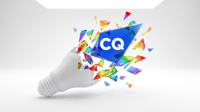 Broken lightbulb exploding with colorful crystal shards and CQ text. Creativity quotient concept of breakthrough innovation. Prismatic glass pieces bursting out on white background
