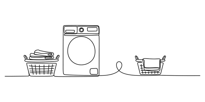 Continuous line drawing of a washing machine and laundry baskets with clothes