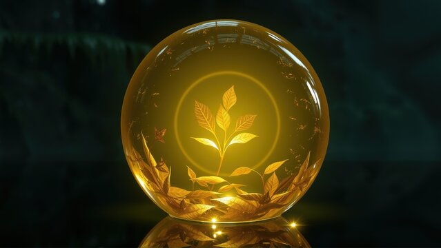 Glowing sphere contains plant life. Golden leaves surround young sprout. Dark background emphasizes luminosity, creating serene ambiance.