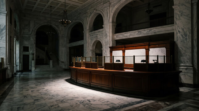 A grand, dimly lit bank lobby interior featuring a curved wooden teller counter, white marble walls, arched architectural details, and a polished marble floor