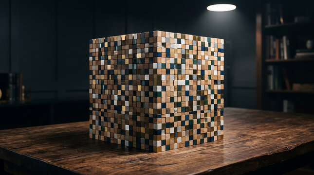 A large cube composed of small, multi-colored wooden blocks, arranged in a mosaic pattern on a dark rustic wooden table in a dimly lit library setting