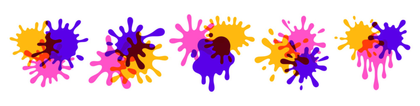 Paint splatters blot dripping liquid stains. Creative ink drops splash smudge spots for artistic design, grunge graffiti elements, dye blob borders, fun liquid spray isolated on white background set