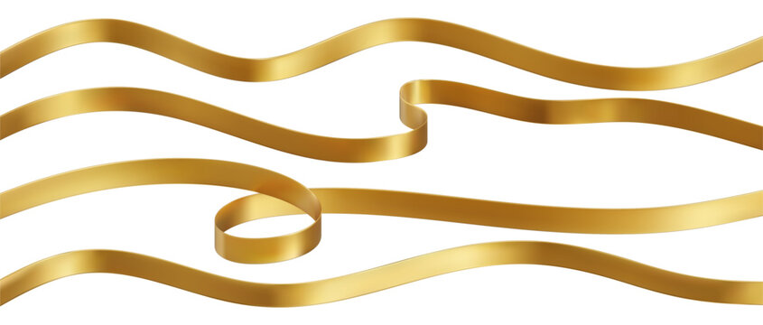 Curved golden ribbons realistic glossy streamers celebration banner borders, elegant gold decorative wavy tapes luxury prize award festive party isolated elements