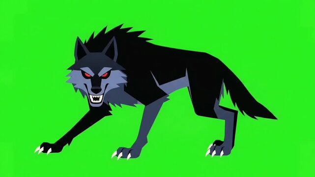 Dangerous Black Wolf Monster Character Vector, Spooky Halloween Beast Illustration on Green Screen