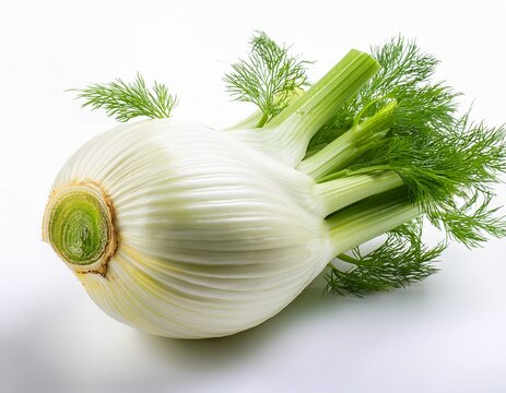fresh fennel bulb with green fronds organic raw vegetable for healthy cooking crisp white and green florence fennel root isolated with white background