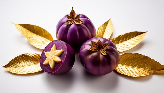 fresh purple star apple caimito fruits some sliced displayed with decorative golden leaves on an isolated white background
