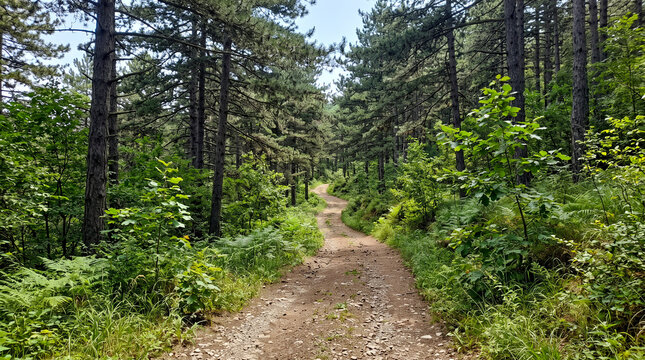 Camino de tierra y grava que serpentea a trav&eacute;s de un denso bosque de pinos, rodeado de vegetaci&oacute;n verde y ramas frondosas.